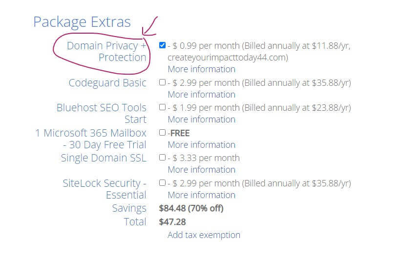 how to start a blog bluehost package extras graphic