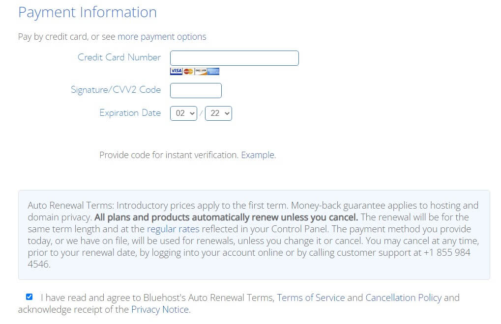 bluehost payment information graphic