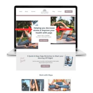 View of Maya James Showit website template homepage with arrows to the above the fold statement