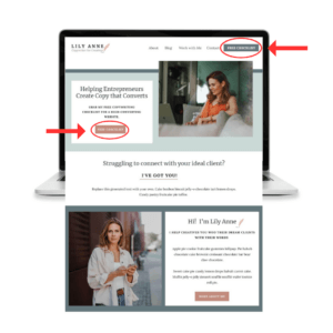 Lily Anne Showit website template homepage with CTA buttons circled