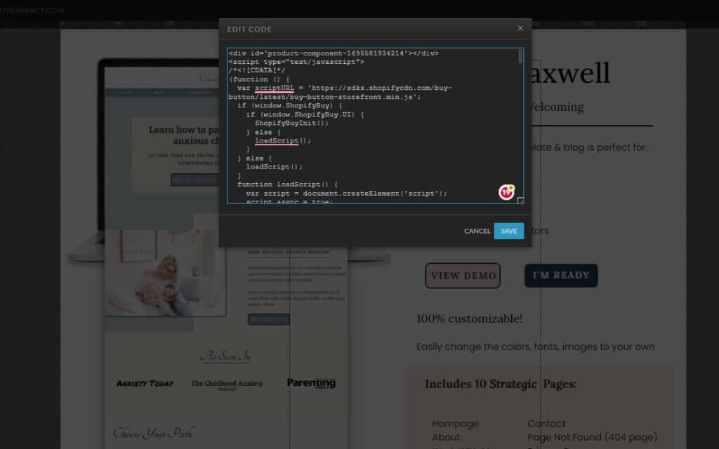 Showit embed code box where you paste text