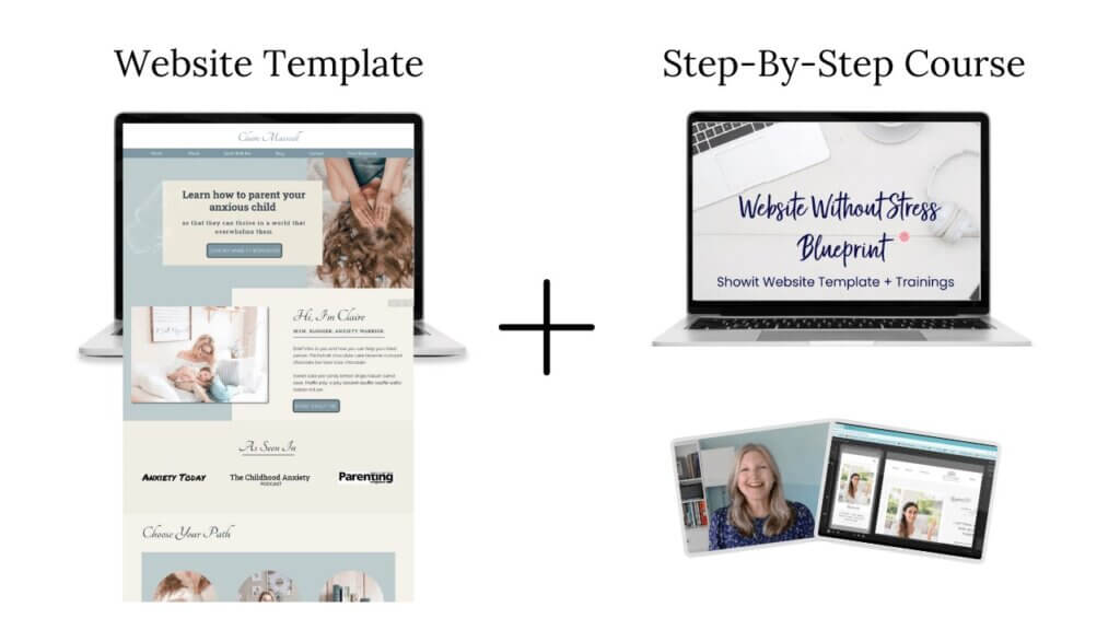 laptop showing above the fold section of claire maxwell templates and Website without stress course