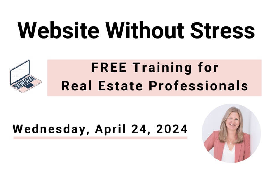 Website without stress image stating a free training for real estate professionals on Wednesday, April 24, 2024