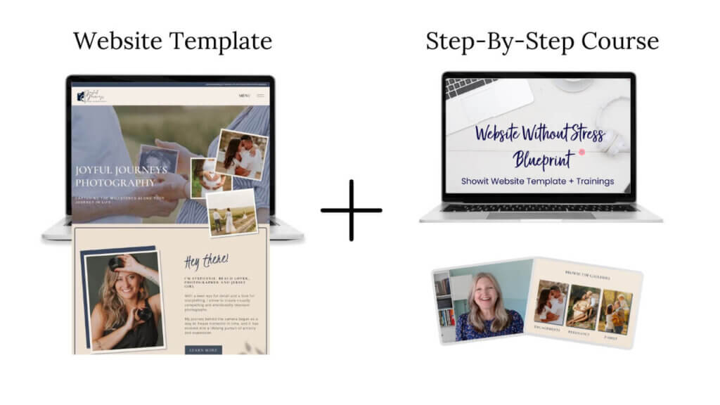 Laptop showing above the fold section of Stephanie Jane template and Website without stress course