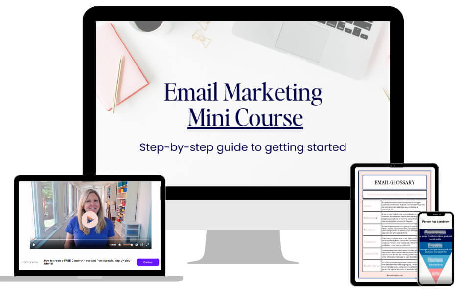 Email marketing mini course title on mock desktop with a laptop and ipad mockup